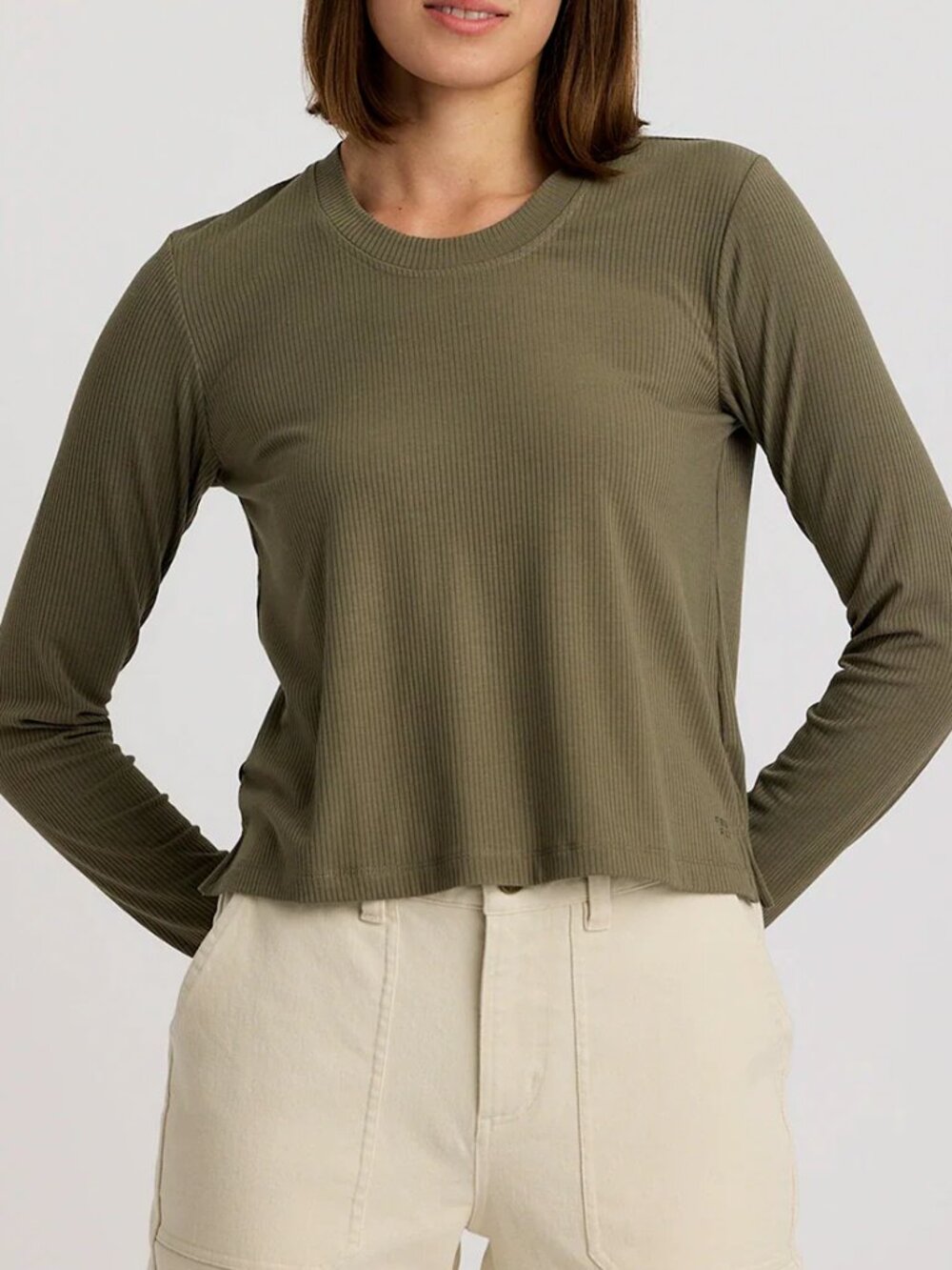 Free Fly Women's Ribbed Bamboo Long Sleeve CrewNeck Shirt Sz L Smokey Olive NWT